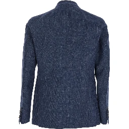 Blue Double-Breasted Blazer with Logo Pin on the Front in Linen and Cotton Blend Man