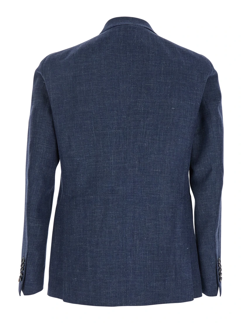 Blue Double-Breasted Blazer with Logo Pin on the Front in Linen and Cotton Blend Man