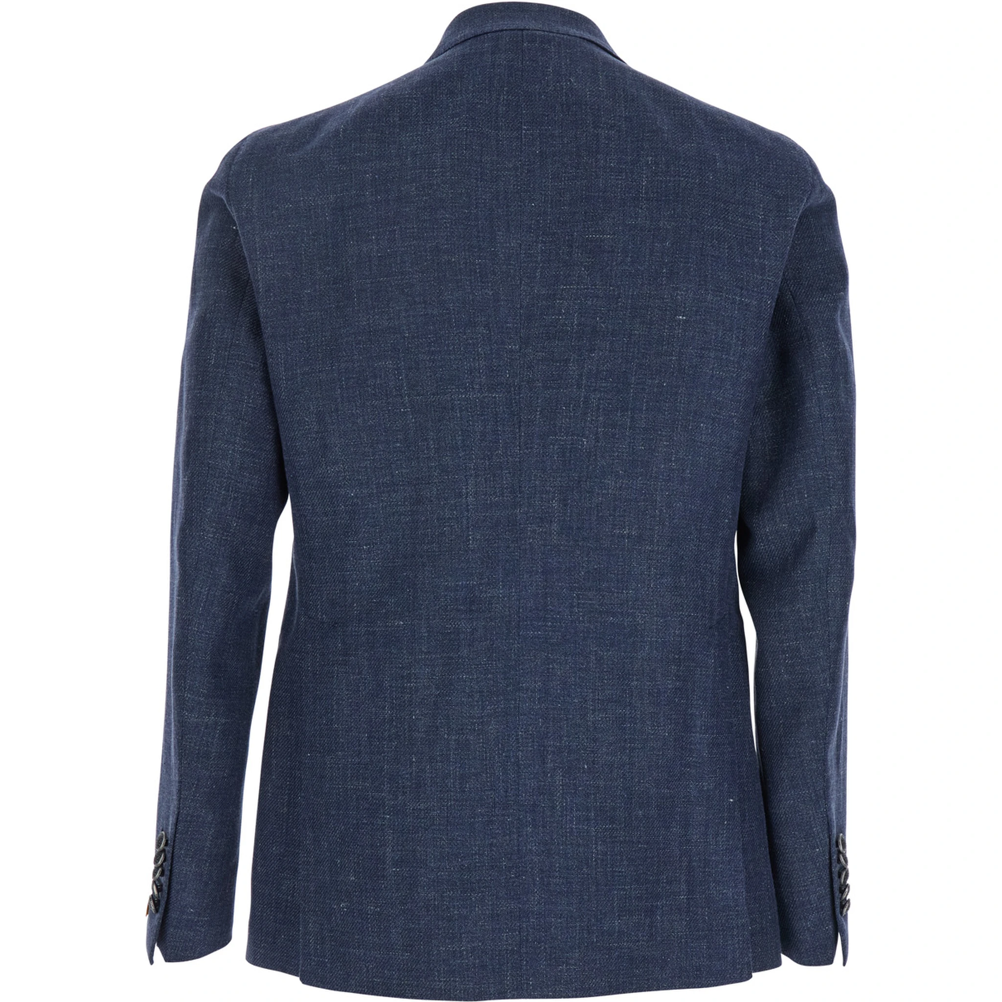 Blue Double-Breasted Blazer with Logo Pin on the Front in Linen and Cotton Blend Man