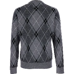 Grey Crew Neck Sweater with Front Logo and Diamond Pattern in Wool Blend Man