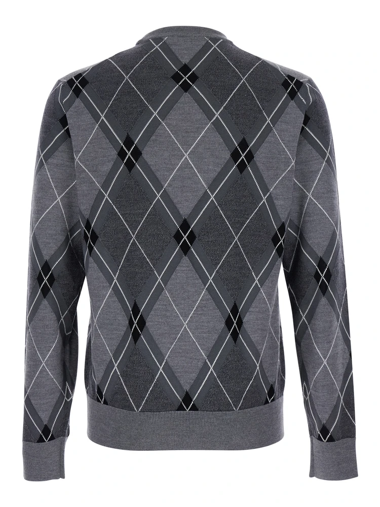 Grey Crew Neck Sweater with Front Logo and Diamond Pattern in Wool Blend Man alternative