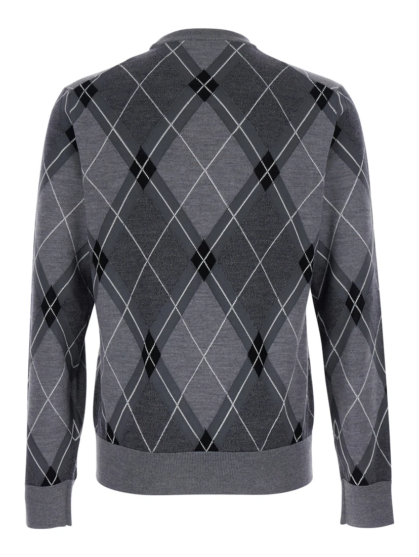 Grey Crew Neck Sweater with Front Logo and Diamond Pattern in Wool Blend Man
