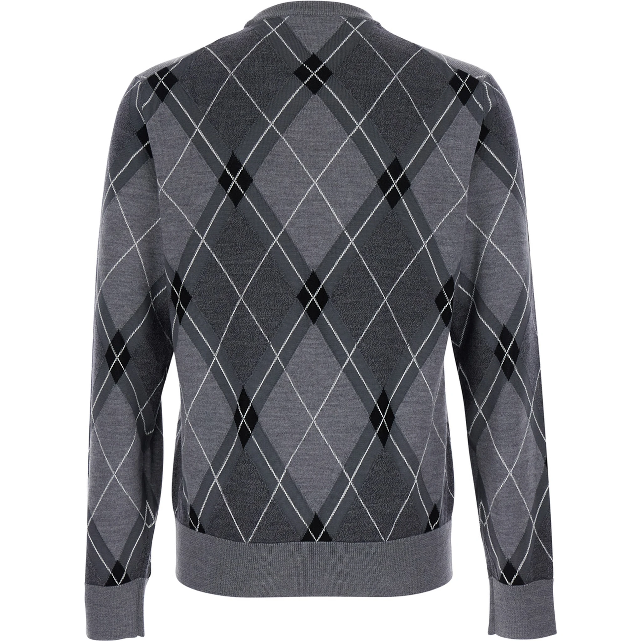 Grey Crew Neck Sweater with Front Logo and Diamond Pattern in Wool Blend Man