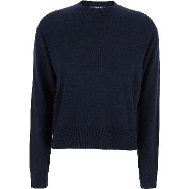 Eco Blue Crewneck Sweater with Contrasting Logo Patch on the Elbows in Wool Woman