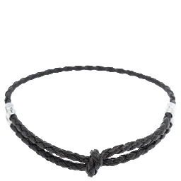 Metallic Bracelet with Intrecciato Design and Sliding Closure in Leather and Silver Man