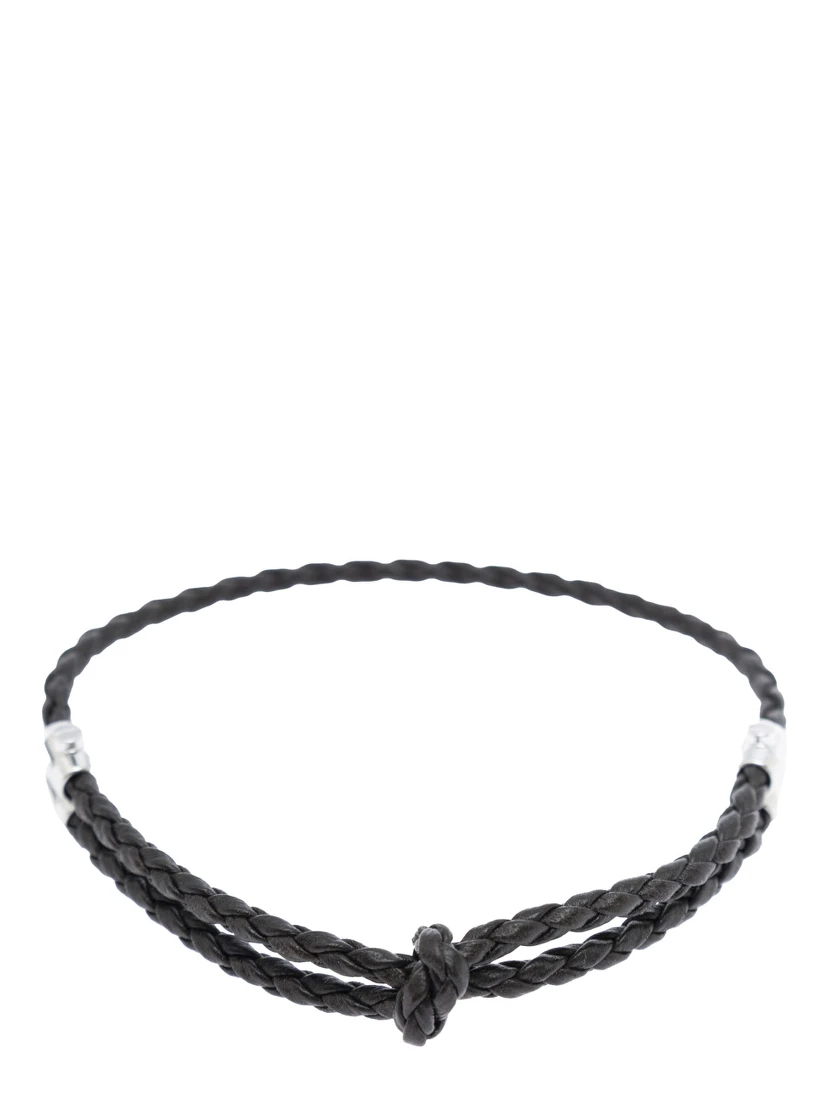 Metallic Bracelet with Intrecciato Design and Sliding Closure in Leather and Silver Man
