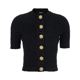 Black Crewneck Cardigan with Jewel Buttons in Viscose Blend Woman