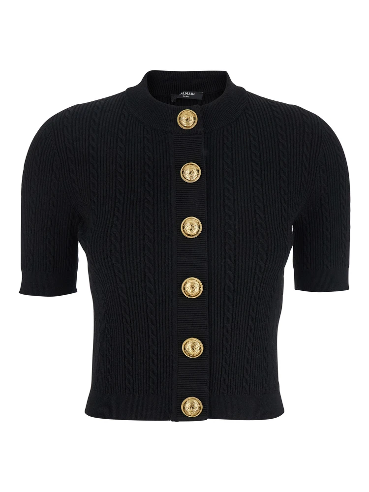 Black Crewneck Cardigan with Jewel Buttons in Viscose Blend Woman