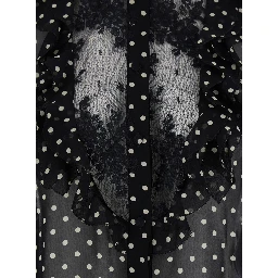 Black Crewneck Shirt with Floral Embroidery and All-Over Polka Dots Motif in Silk Woman