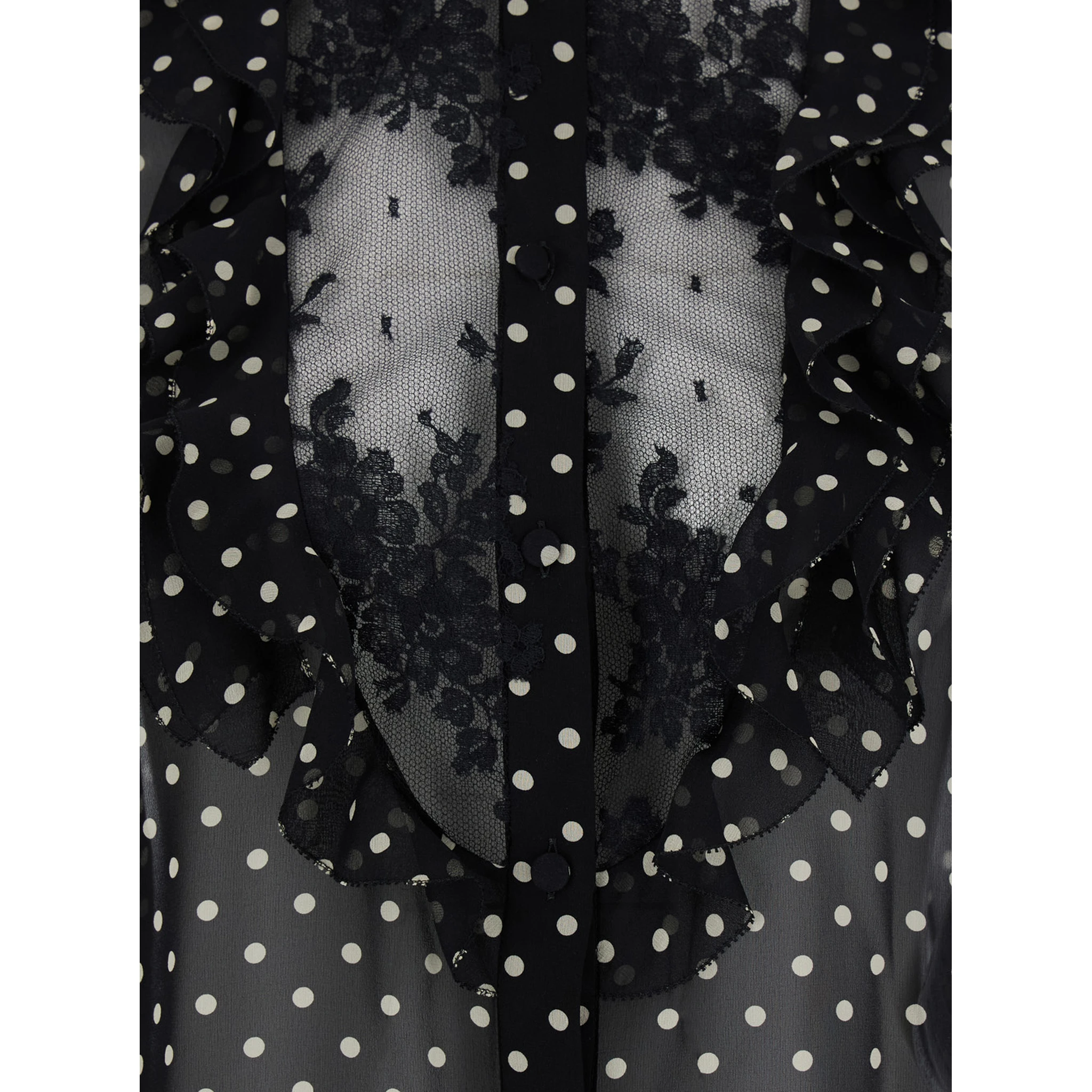 Black Crewneck Shirt with Floral Embroidery and All-Over Polka Dots Motif in Silk Woman