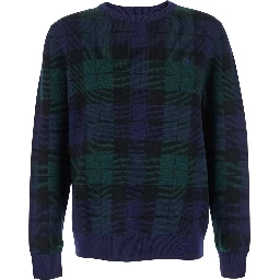 Blue Crewneck Sweater with Pony Embroidery on the Front and All-Over Check Motif in Wool Man