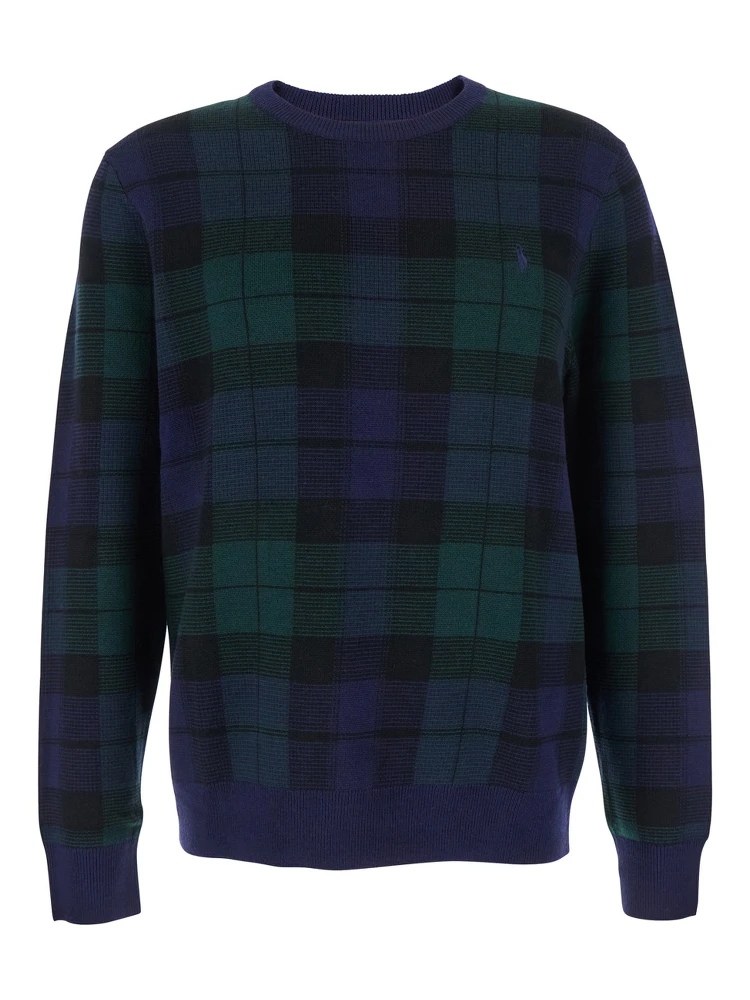 Blue Crewneck Sweater with Pony Embroidery on the Front and All-Over Check Motif in Wool Man