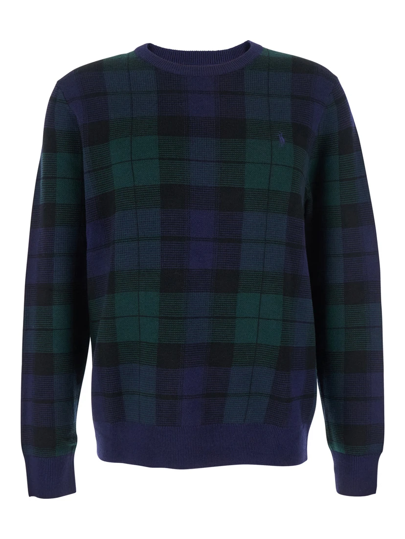 Blue Crewneck Sweater with Pony Embroidery on the Front and All-Over Check Motif in Wool Man