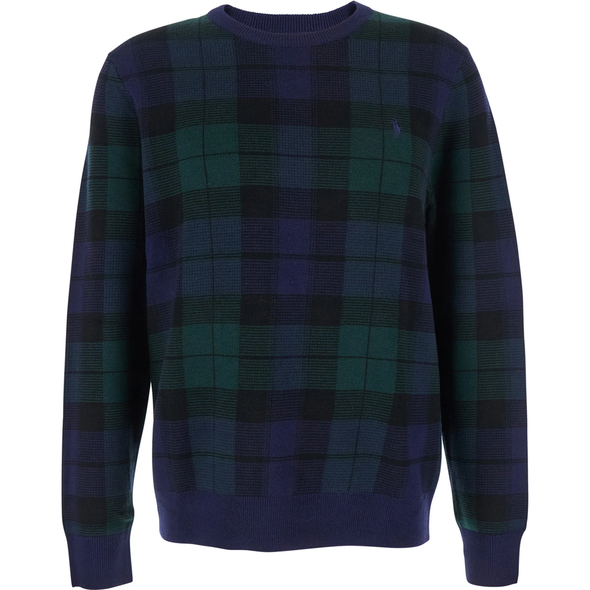Blue Crewneck Sweater with Pony Embroidery on the Front and All-Over Check Motif in Wool Man