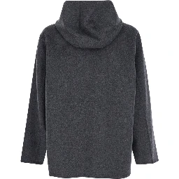 Grey Coat with Fixed Hood and Front Zip Closure in Wool Man