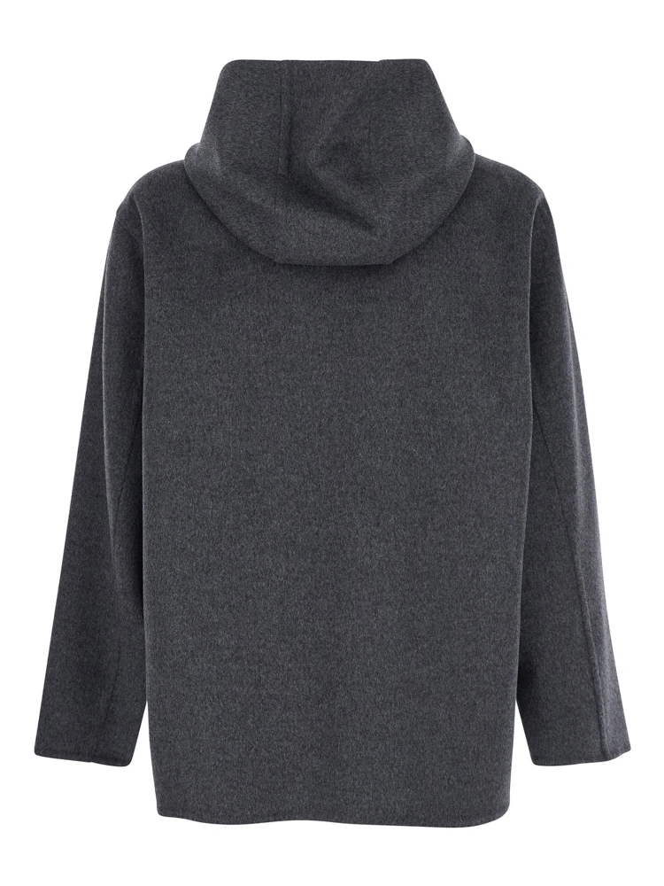 Grey Coat with Fixed Hood and Front Zip Closure in Wool Man alternative
