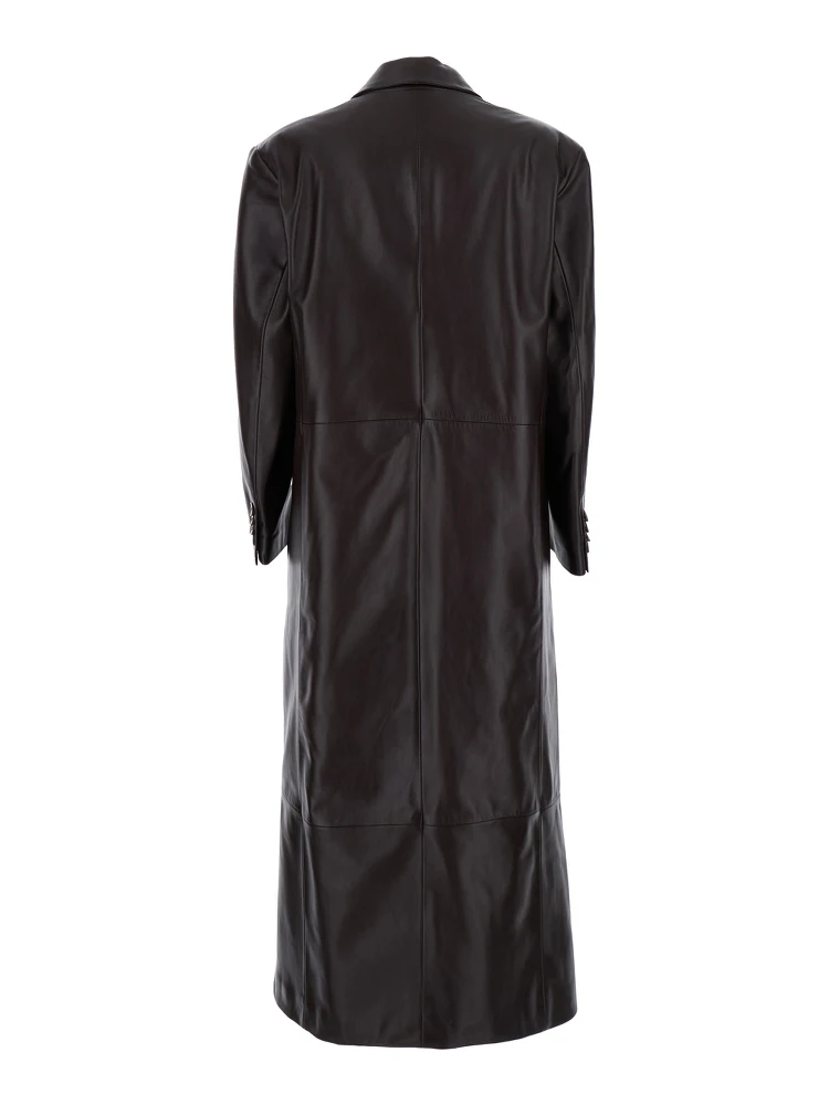 Brown Double-Breasted Coat in Leather Woman