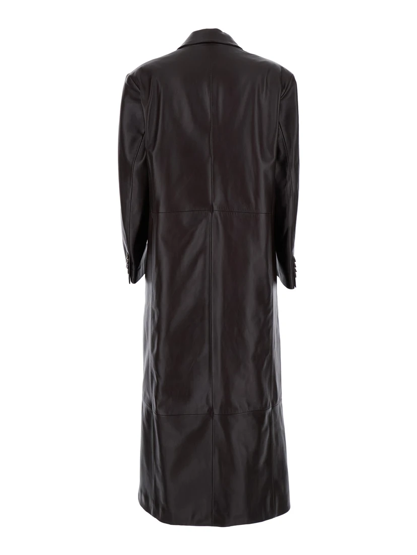 Brown Double-Breasted Coat in Leather Woman