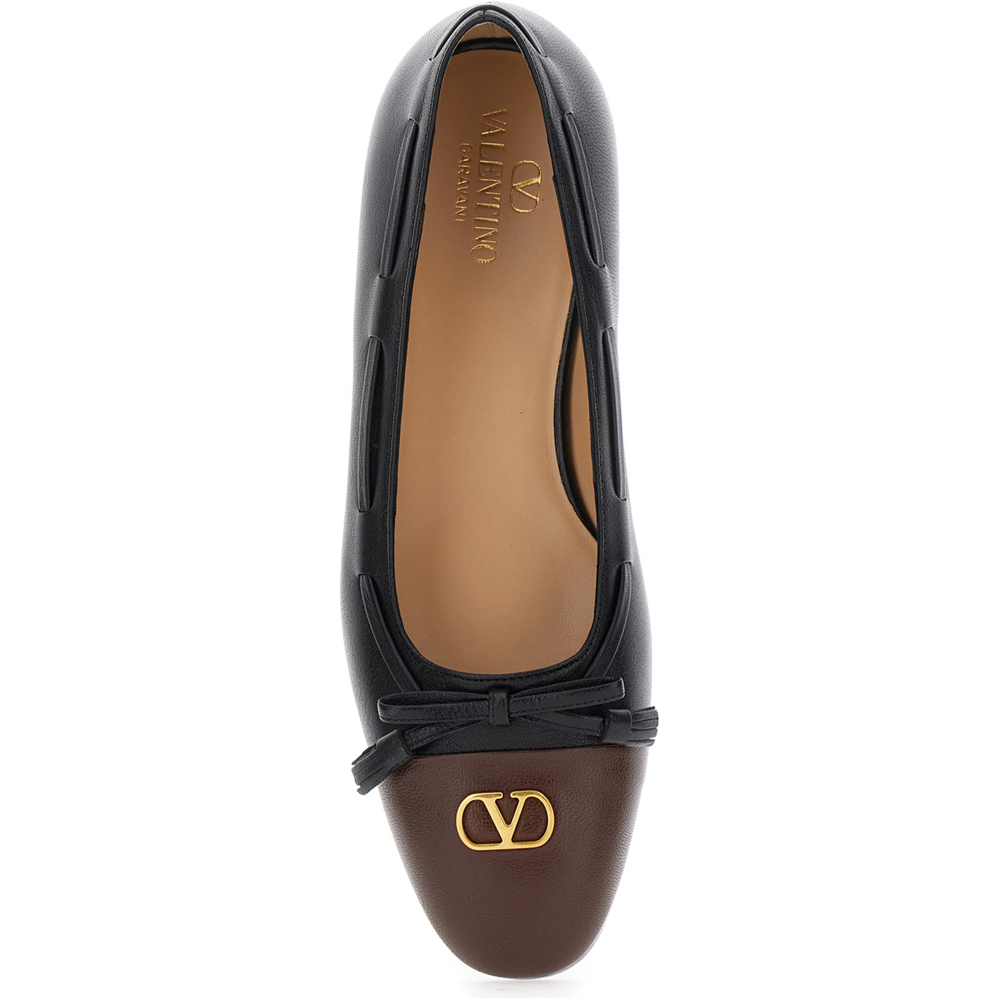 Valet du Roi Black Ballet Shoes with Bow Detail and VLogo Plaque on the Front in Leather Woman