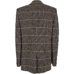 Brown Double-Breasted Jacket with Notched Revers and All-Over Check Motif in Wool Woman