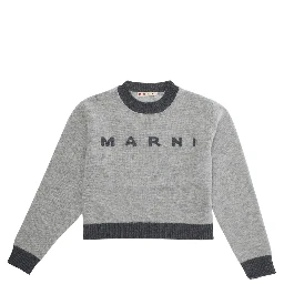 Grey Crewneck Sweater with Logo Lettering on the Front and Contrasting Trims in Wool and Cashmere Girl