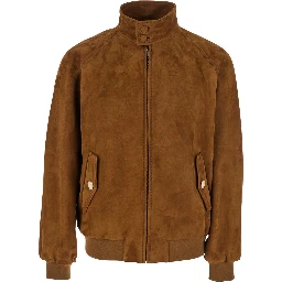 Brown Jacket with Mock Neck with Snap Buttons in Suede Man