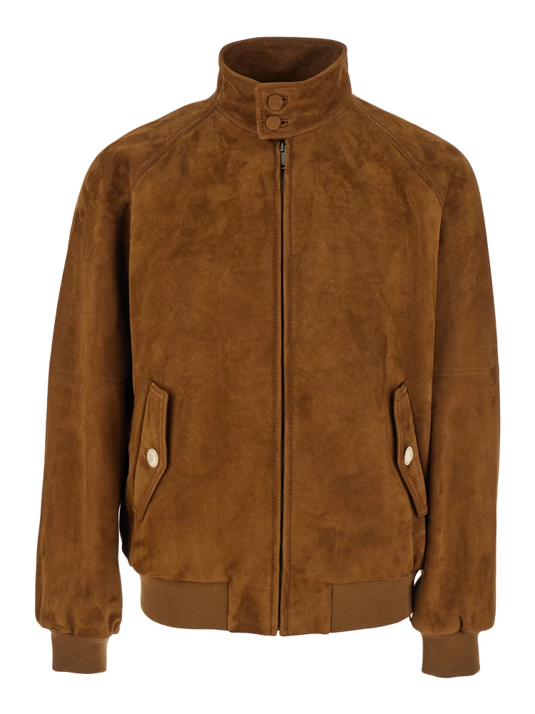 Brown Jacket with Mock Neck with Snap Buttons in Suede Man