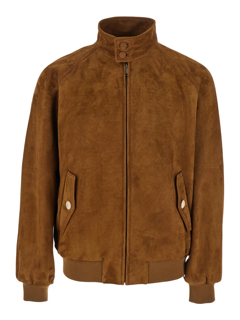 Brown Jacket with Mock Neck with Snap Buttons in Suede Man