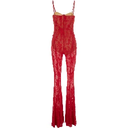 Red Jumpsuit with Sweatheart Neckline and Flared Leg in Tech Fabric Stretch Woman