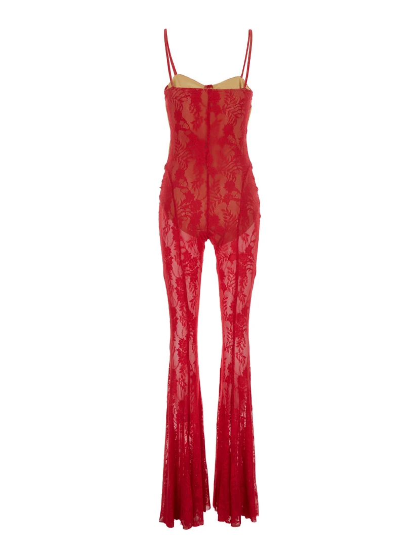 Red Jumpsuit with Sweatheart Neckline and Flared Leg in Tech Fabric Stretch Woman