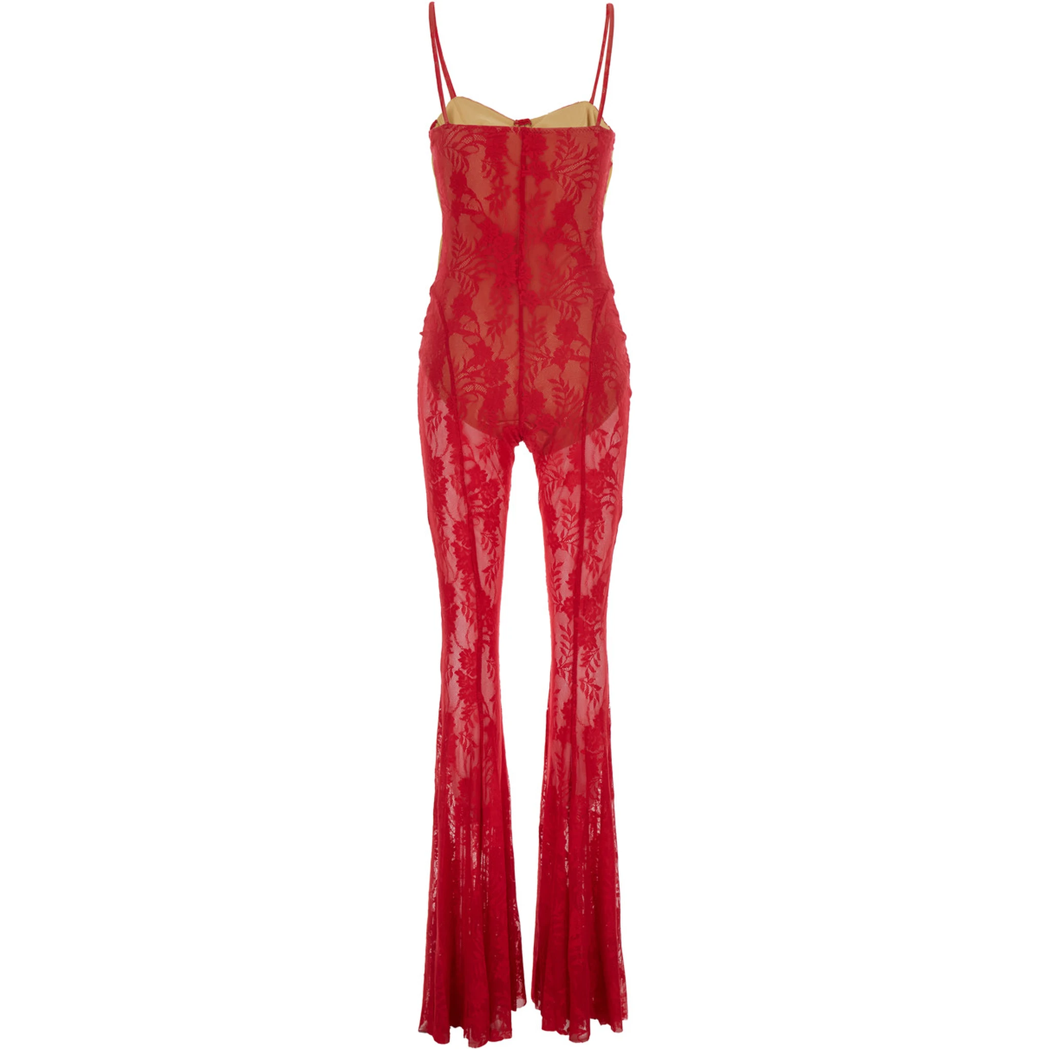 Red Jumpsuit with Sweatheart Neckline and Flared Leg in Tech Fabric Stretch Woman