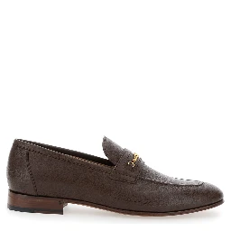 Brown Loafers with Decorative VLogo Chain-Link Strap in Leather Man