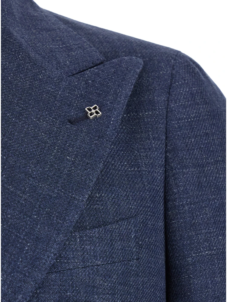 Blue Double-Breasted Blazer with Logo Pin on the Front in Linen and Cotton Blend Man alternative
