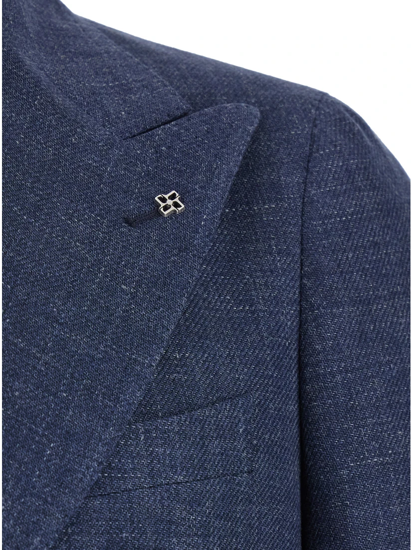 Blue Double-Breasted Blazer with Logo Pin on the Front in Linen and Cotton Blend Man