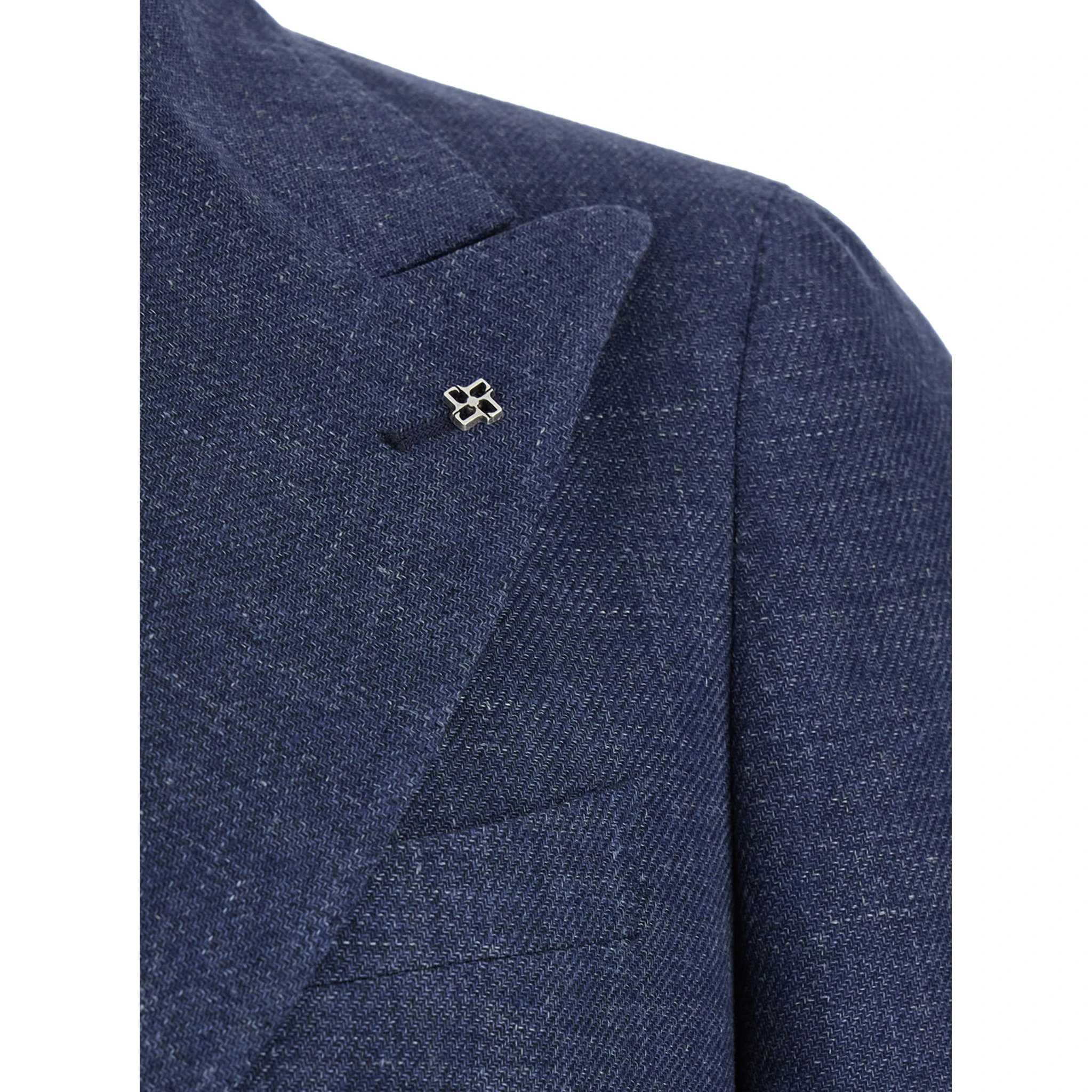 Blue Double-Breasted Blazer with Logo Pin on the Front in Linen and Cotton Blend Man