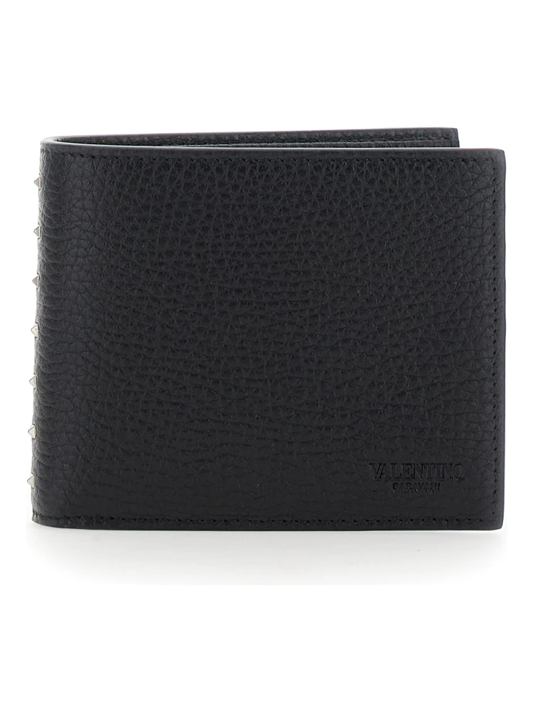 Black Bi-Fold Wallet with Rockstud Details in Grained Leather Man