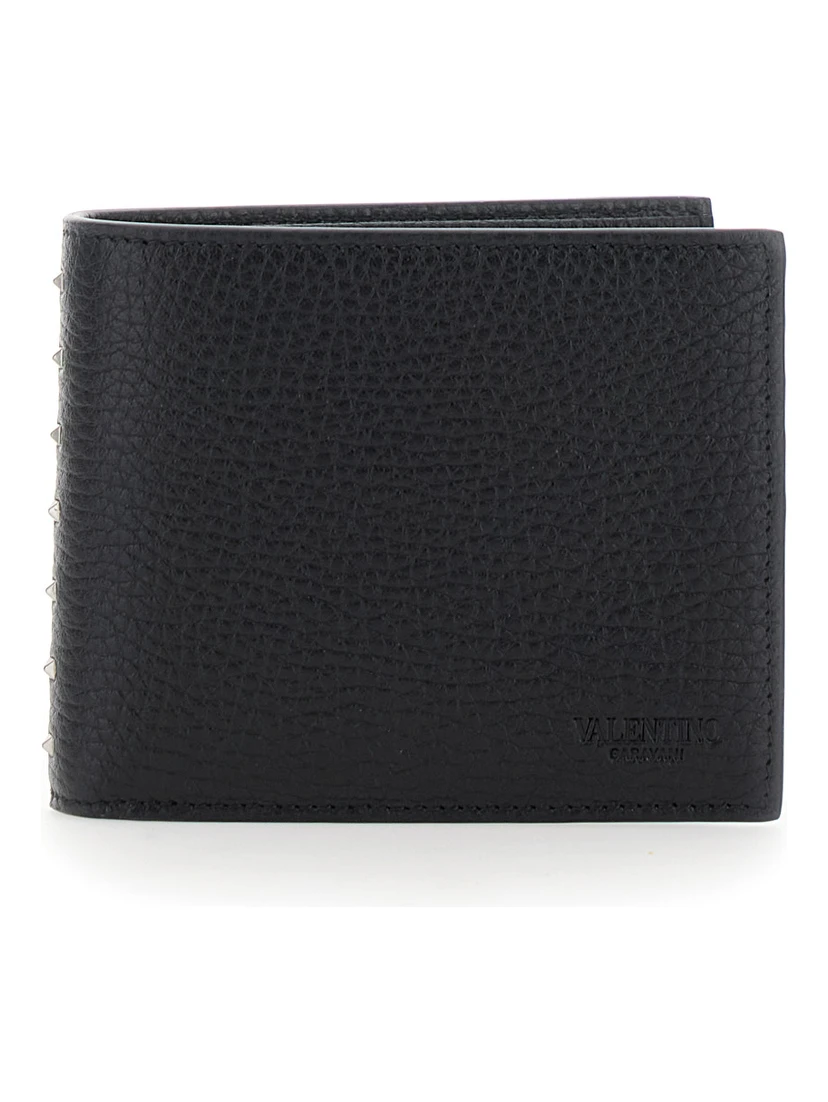 Black Bi-Fold Wallet with Rockstud Details in Grained Leather Man