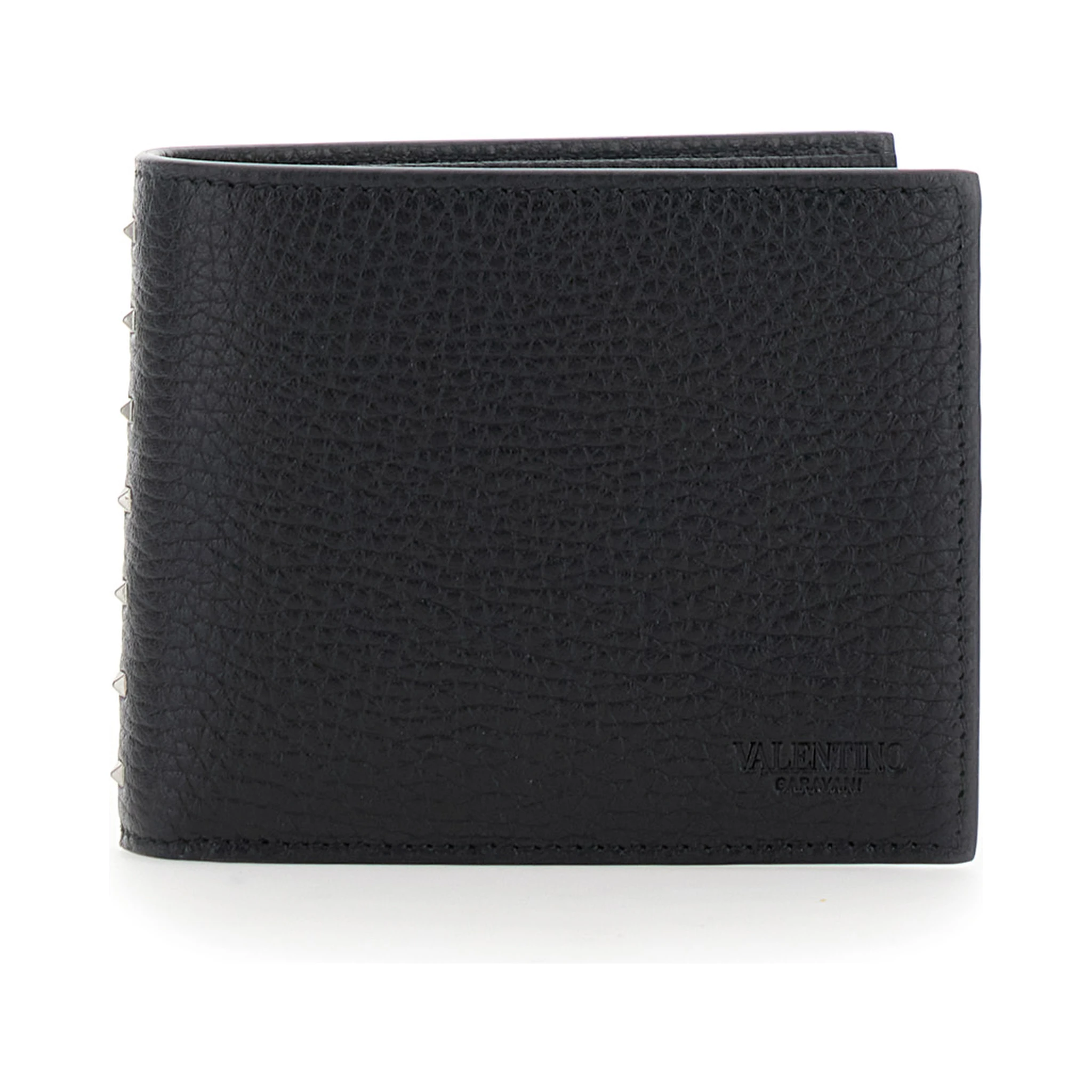Black Bi-Fold Wallet with Rockstud Details in Grained Leather Man