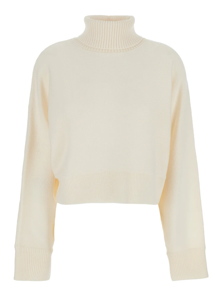 White Turtleneck Cropped Sweater with Logo Plaque on the Rear in Wool Woman