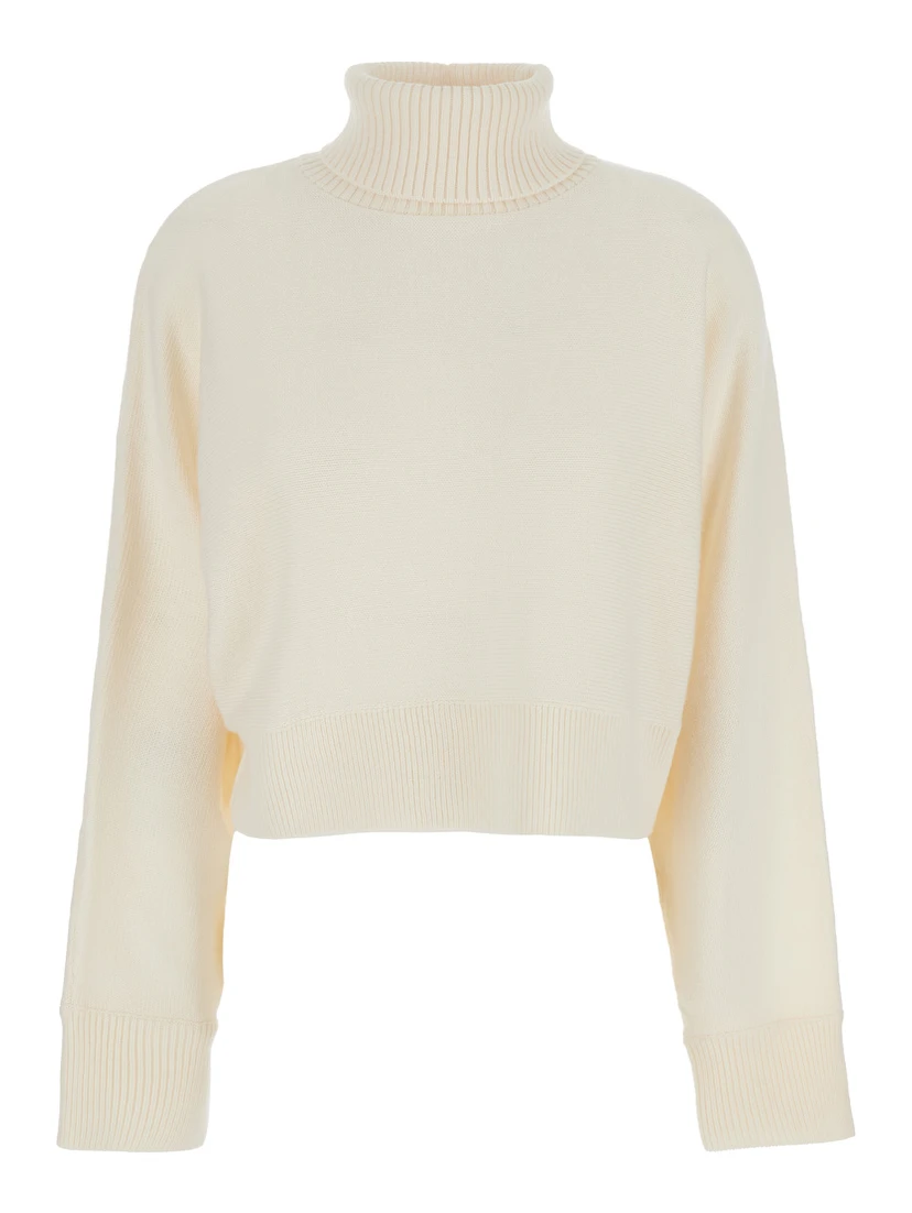 White Turtleneck Cropped Sweater with Logo Plaque on the Rear in Wool Woman