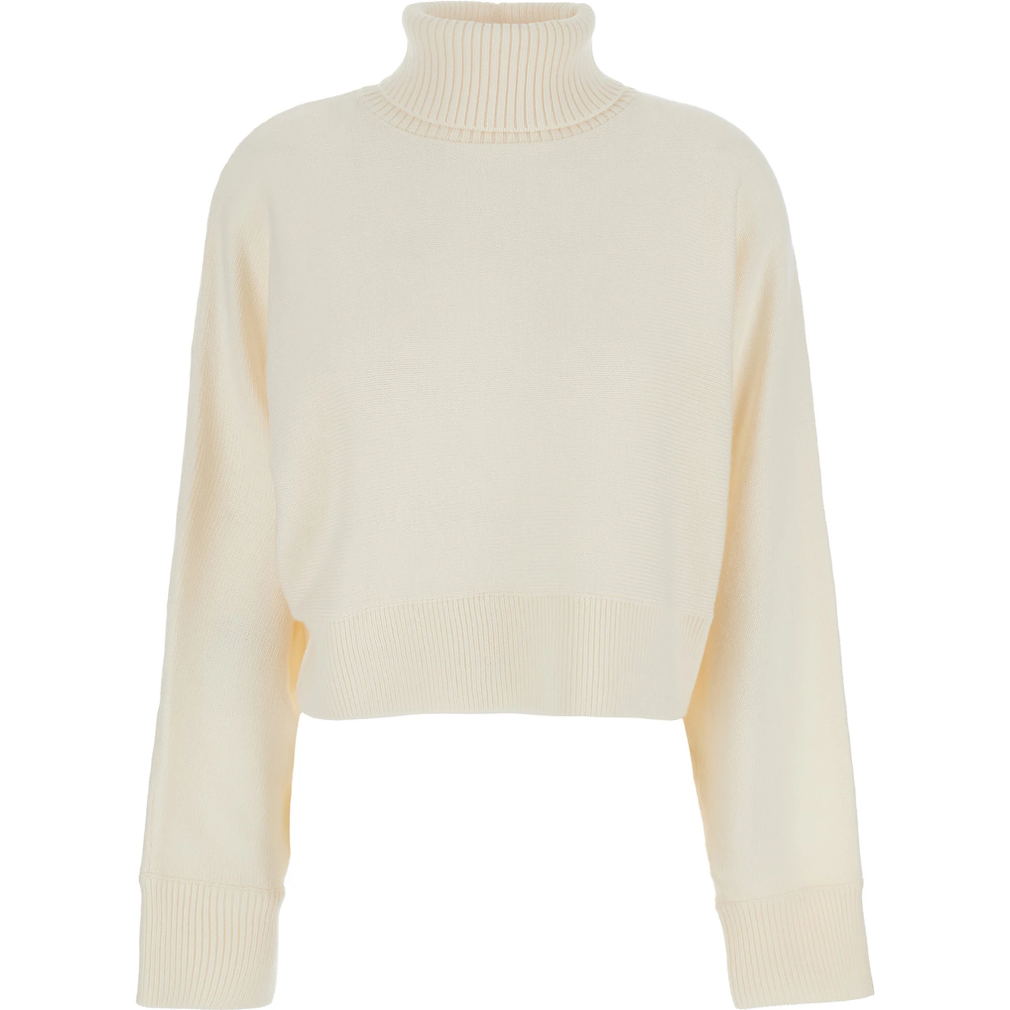 كنزة صوفية قصيرة بيضاء بياقة عالية وشعار على الظهر، للنساء