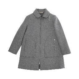 Grey Coat with Collar and Logo Embroidery on the Front in Wool Blend Girl