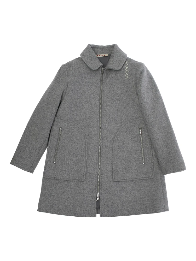 Grey Coat with Collar and Logo Embroidery on the Front in Wool Blend Girl