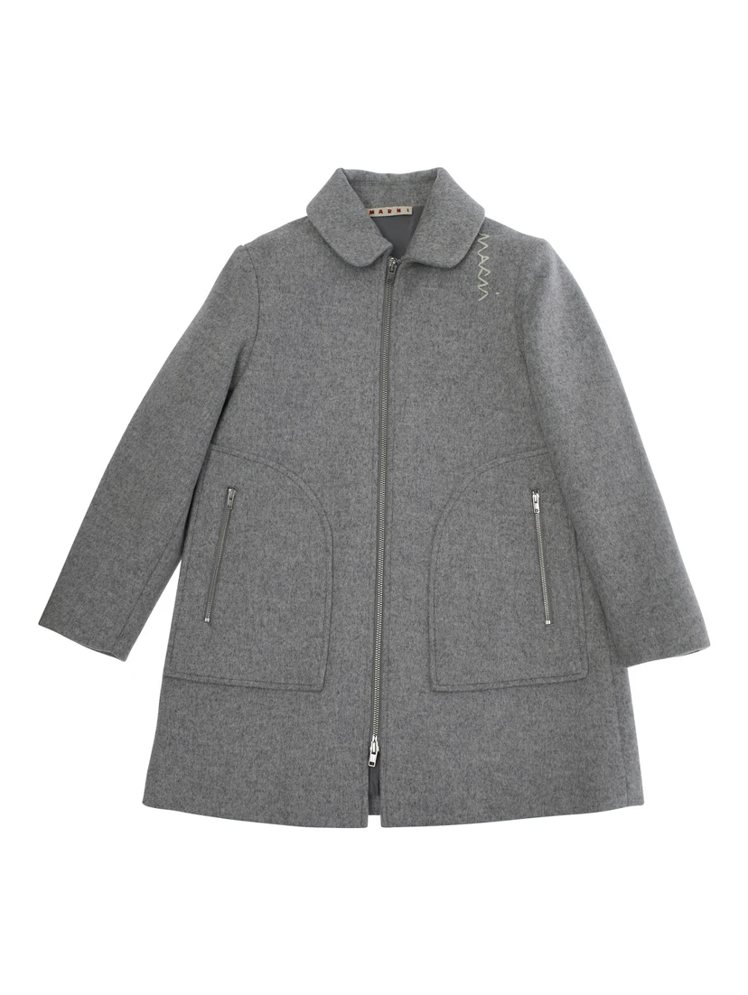 Grey Coat with Collar and Logo Embroidery on the Front in Wool Blend Girl