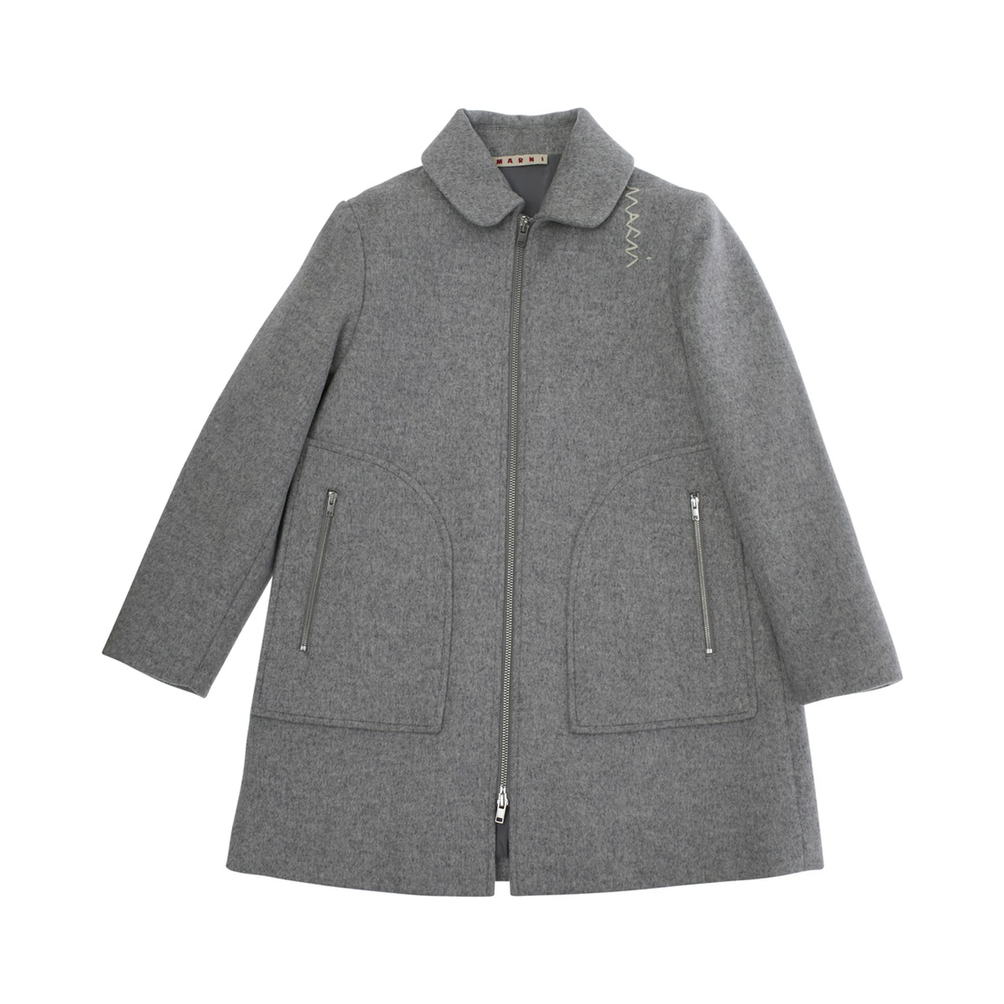 Grey Coat with Collar and Logo Embroidery on the Front in Wool Blend Girl