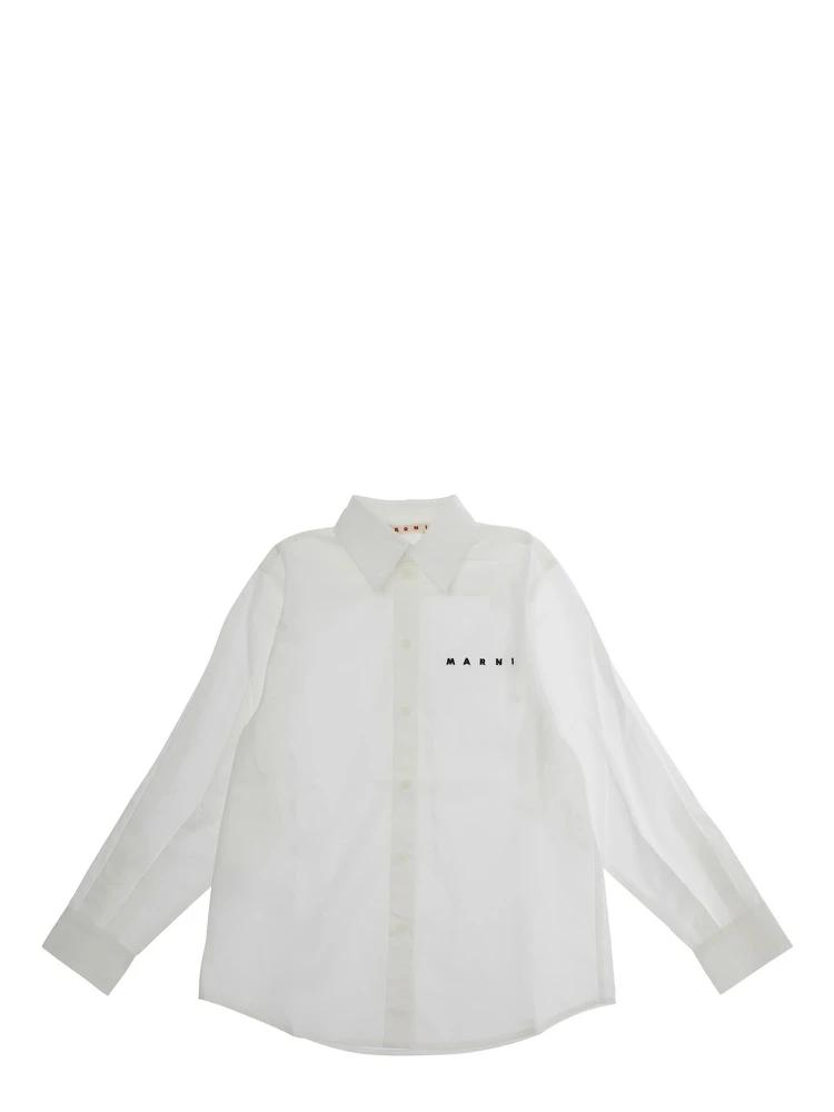 White Shirt with Classic Collar and Logo in Cotton Boy