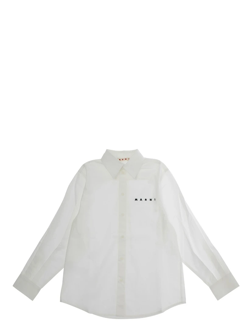 White Shirt with Classic Collar and Logo in Cotton Boy