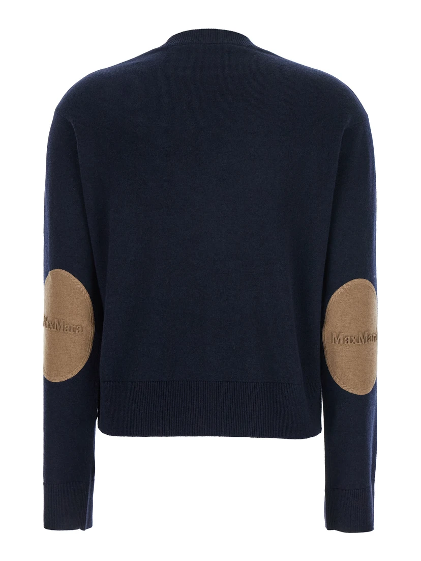 Eco Blue Crewneck Sweater with Contrasting Logo Patch on the Elbows in Wool Woman