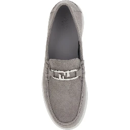Grey Loafers with FF Metal Buckle and Contrasting Sole in Suede Man