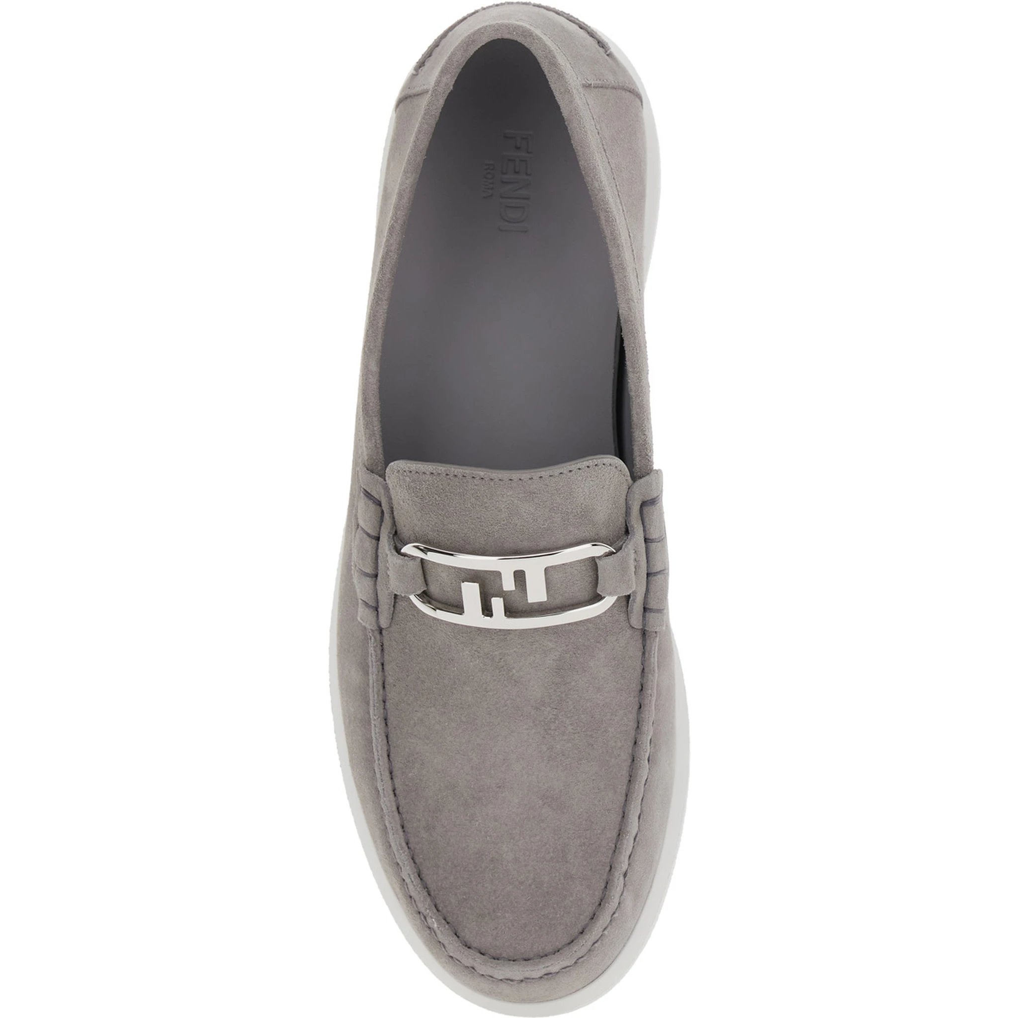 Grey Loafers with FF Metal Buckle and Contrasting Sole in Suede Man